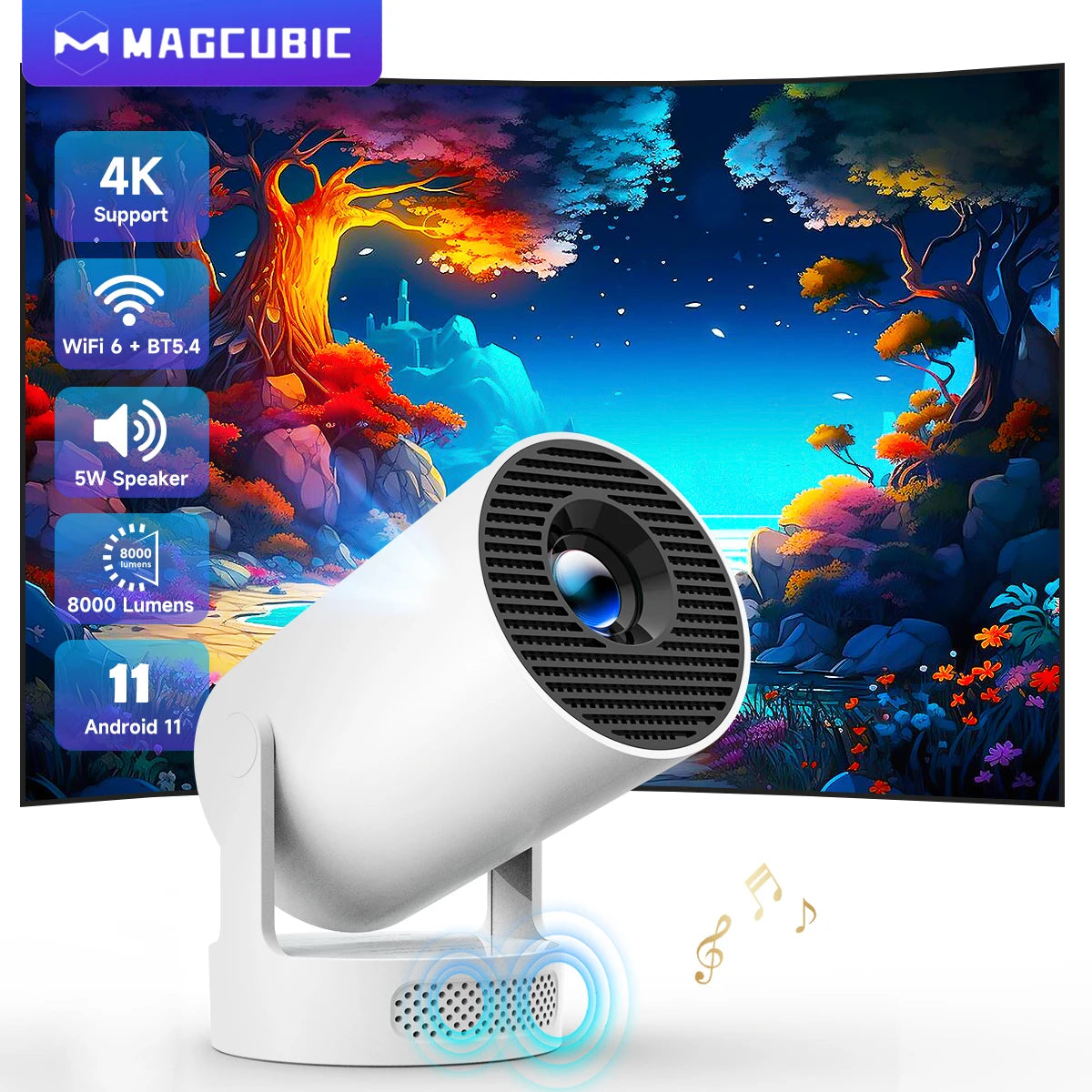 Magcubic HY300 Pro Projector HD. With 5W Speaker, Android 11, 8000 Lumens, WiFi 6 and BT5.4.