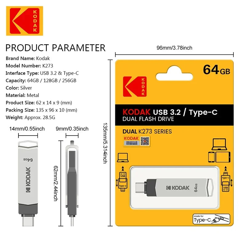 Kodak Type-C and USB Type A With FREE IPHONE ADAPTER. 2in1 USB Flash Drives Available in 32GB, 64GB, 128GB and 256GB. USB3.2 support.