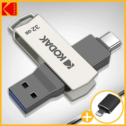 Kodak Type-C and USB Type A With FREE IPHONE ADAPTER. 2in1 USB Flash Drives Available in 32GB, 64GB, 128GB and 256GB. USB3.2 support.