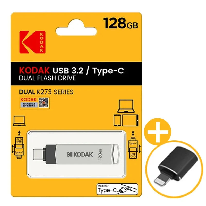 Kodak Type-C and USB Type A With FREE IPHONE ADAPTER. 2in1 USB Flash Drives Available in 32GB, 64GB, 128GB and 256GB. USB3.2 support.