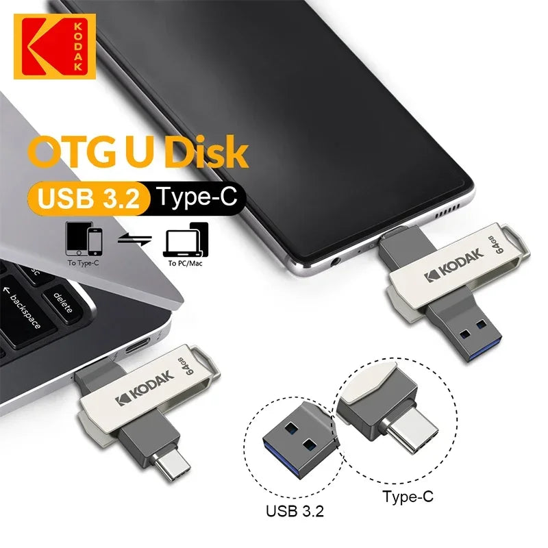 Kodak Type-C and USB Type A With FREE IPHONE ADAPTER. 2in1 USB Flash Drives Available in 32GB, 64GB, 128GB and 256GB. USB3.2 support.