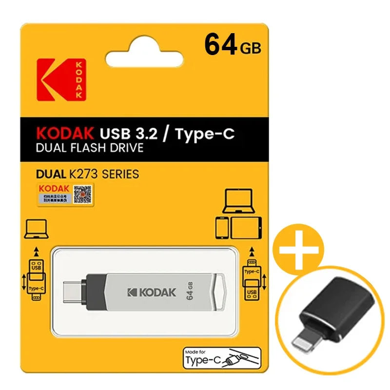 Kodak Type-C and USB Type A With FREE IPHONE ADAPTER. 2in1 USB Flash Drives Available in 32GB, 64GB, 128GB and 256GB. USB3.2 support.