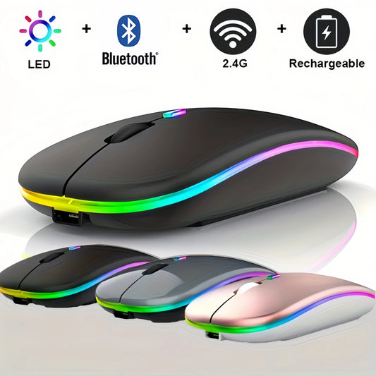 Wireless Mouse with Bluetooth and 2.4GHz (Dual Modes) Rechargeable RGB Ergonomic Silent Click