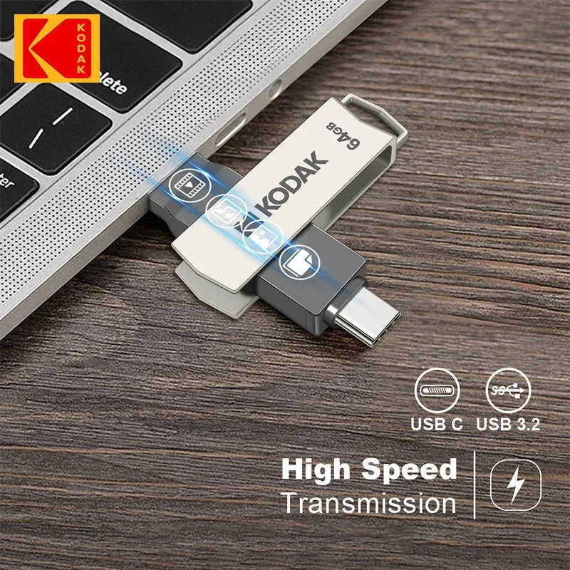 Kodak Type-C and USB Type A With FREE IPHONE ADAPTER. 2in1 USB Flash Drives Available in 32GB, 64GB, 128GB and 256GB. USB3.2 support.