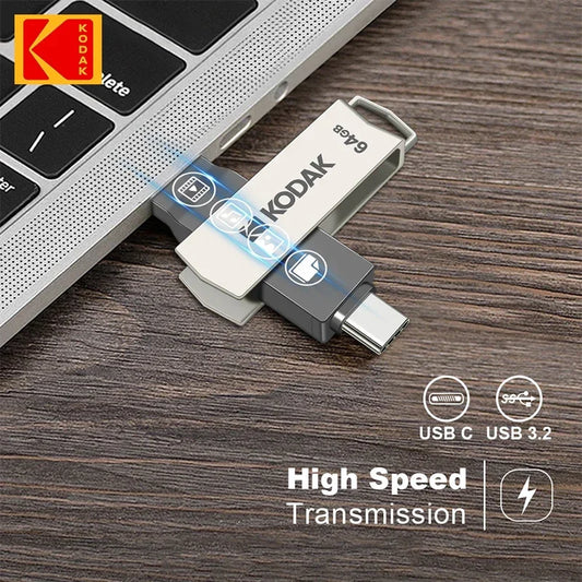 Kodak Type-C and USB Type A With FREE IPHONE ADAPTER. 2in1 USB Flash Drives Available in 32GB, 64GB, 128GB and 256GB. USB3.2 support.